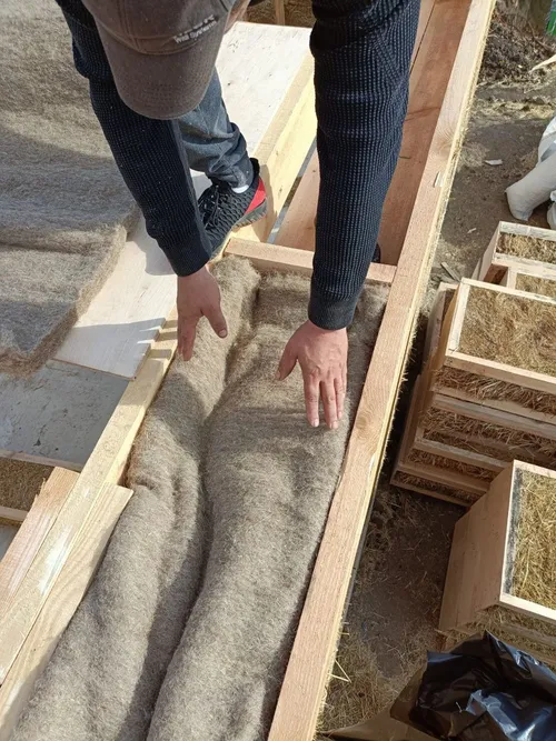 Installation of hemp insulation in the wall frame of a house