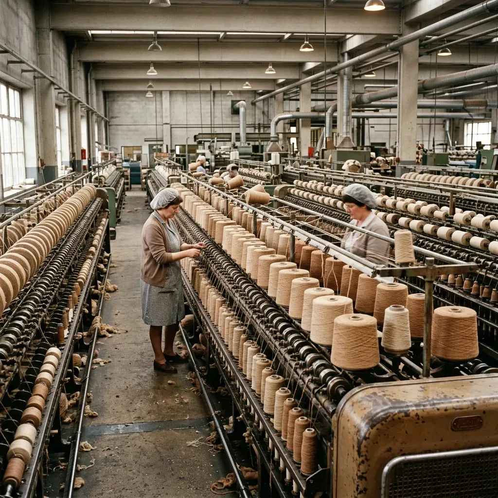 Factory worker at the winding equipment in the spinning shop