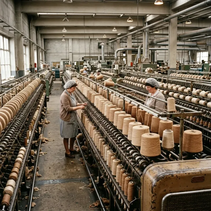 Factory worker at the winding equipment in the spinning shop
