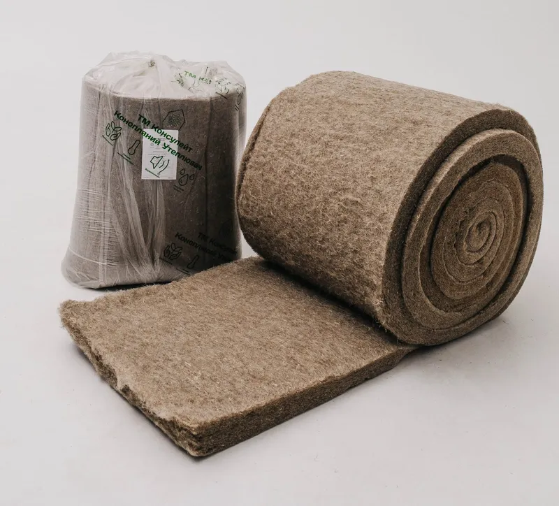Rolls and branded packaging of hemp insulation by Konsulate™